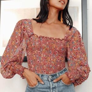 Lulus “Watch Me Bloom” Mauve Floral Print Mesh Smocked Long Sleeve Top